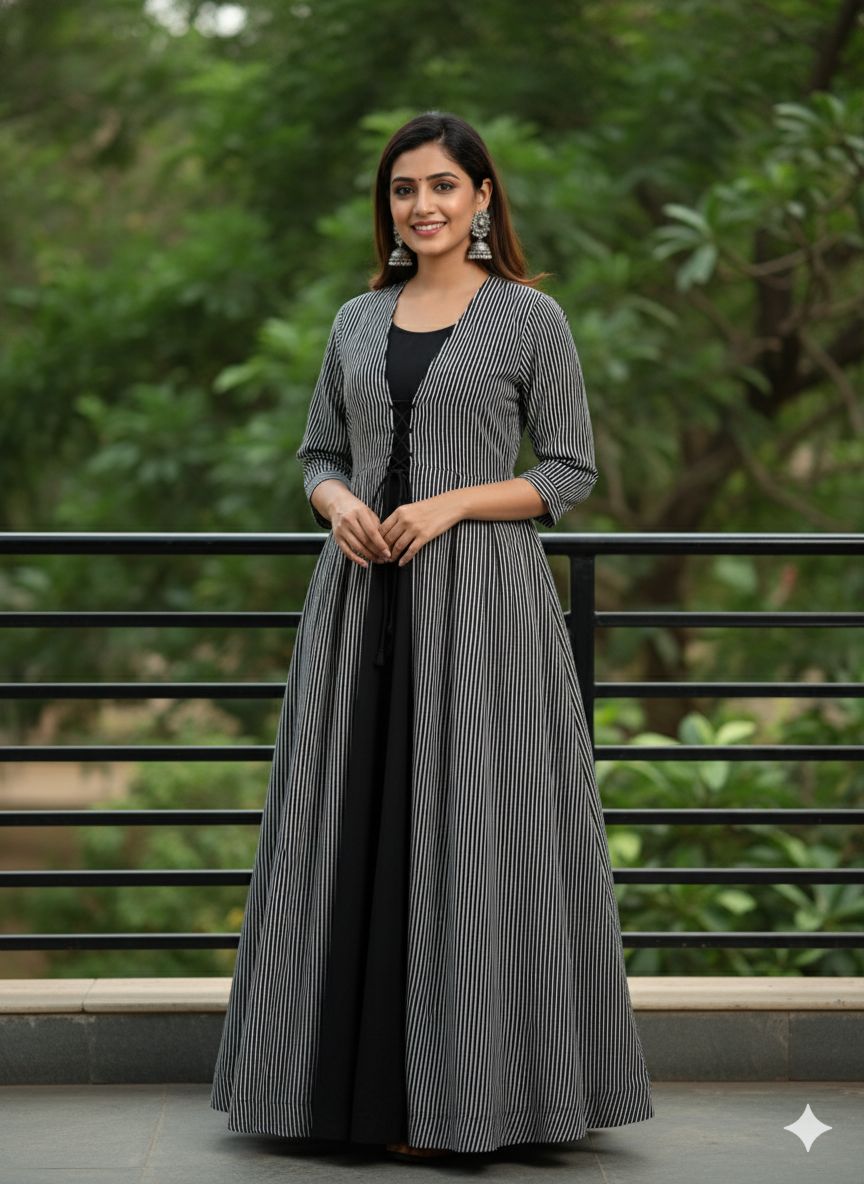 Women's Black & White Stripe A-Line Kurta Dress with Jacket overlay