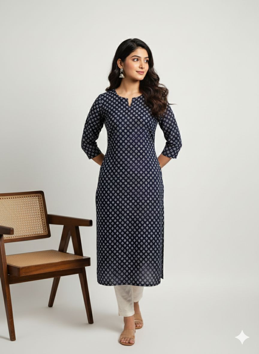 Midnight Blue Geometric Print Straight Kurta