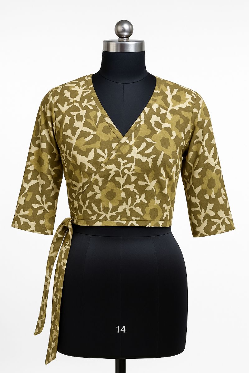 Olive Green Angrakha Wrap Blouse with Botanical Print