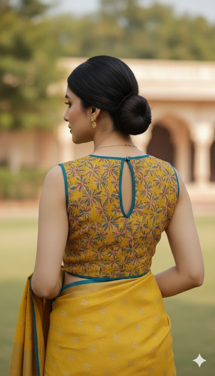 Mustard Yellow Floral Print Sleeveless Blouse with Teal Piping – V-Neck & Keyhole Back