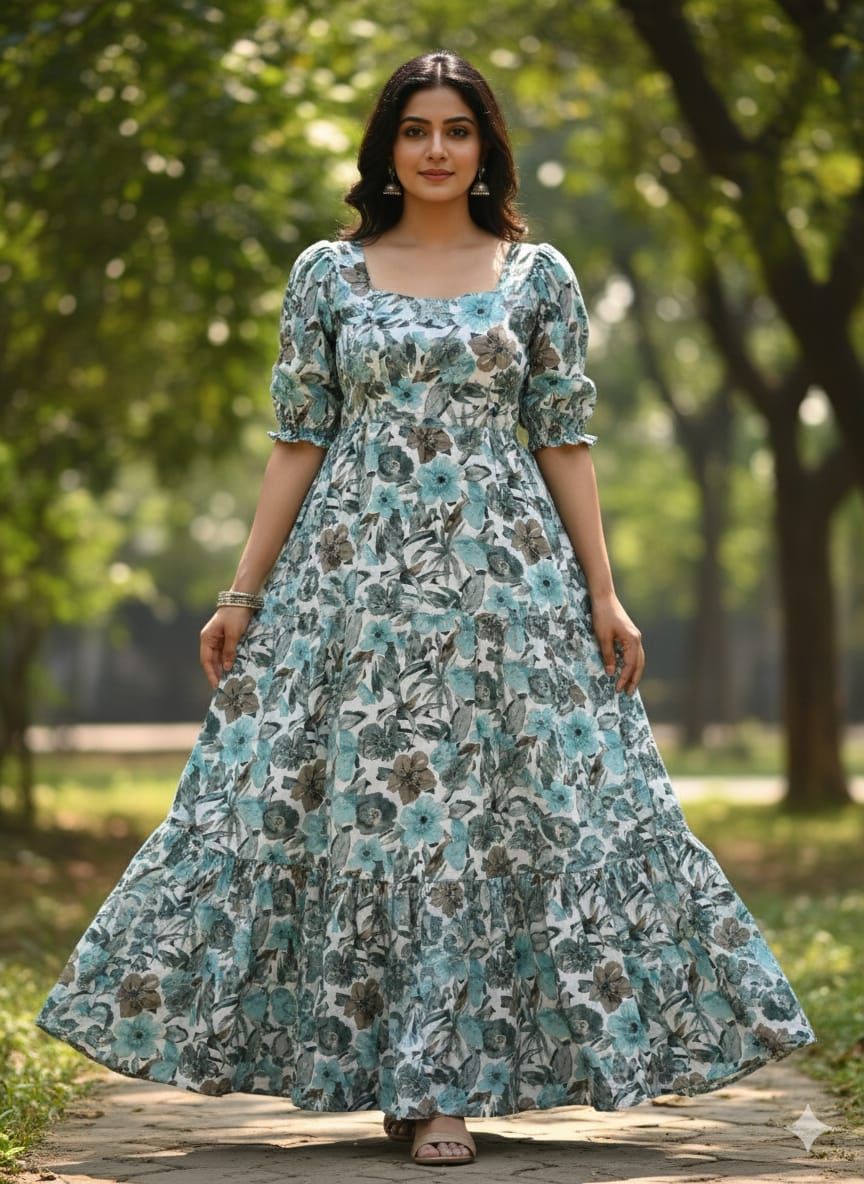 Teal Blossom Tiered Gown